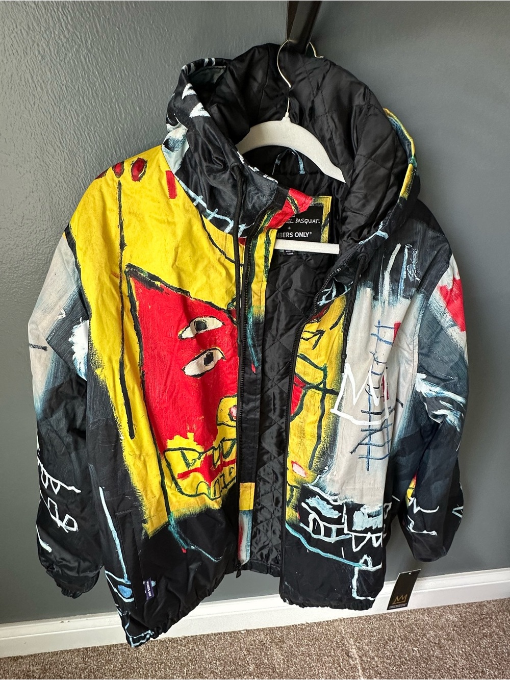 Jean- Michel Basquiat Colorblock Graphic Puffer Jacket in Black, Yellow & Red